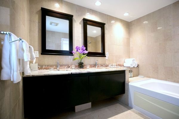 Wide bathroom with tub